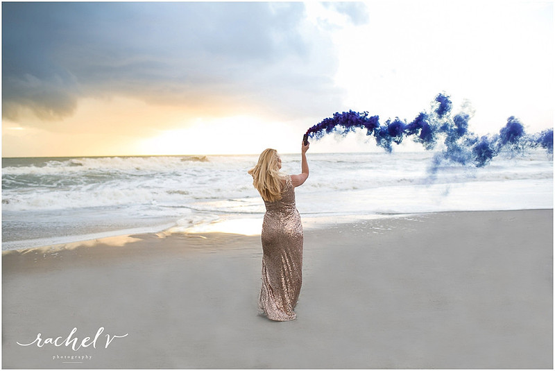 Sophosticated sunrise beach shoot using smoke grenades with Rachel V Photography