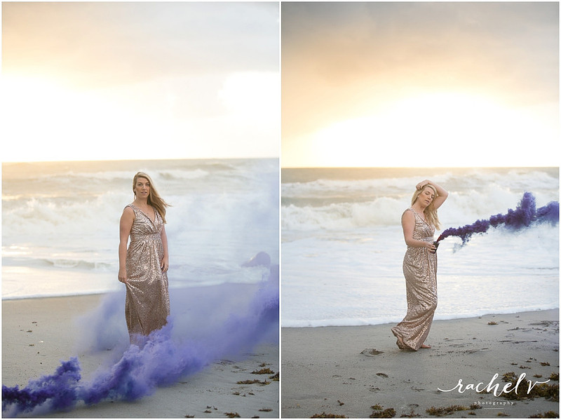 Sophosticated sunrise beach shoot using smoke grenades with Rachel V Photography