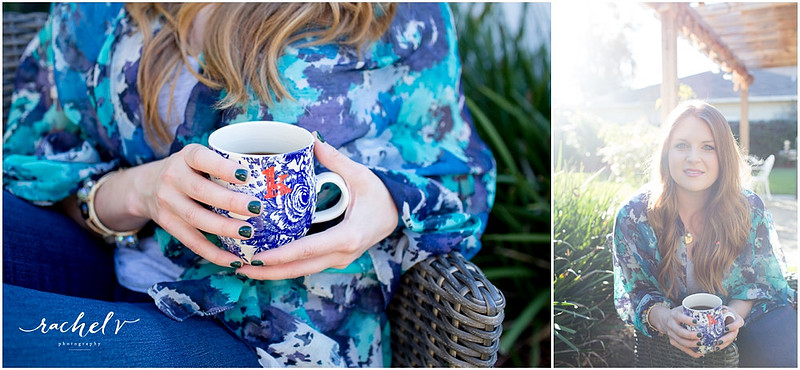 Woman in Blue shirt holding mug
