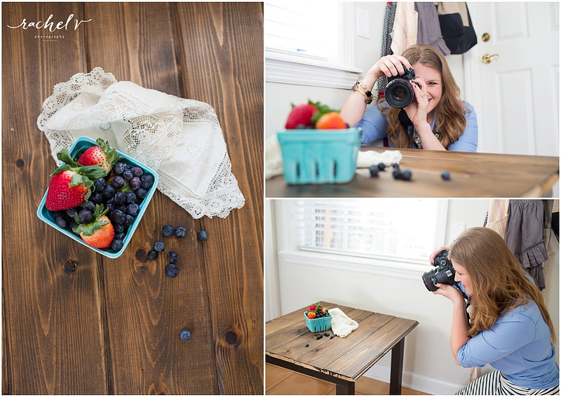 Food blogger photographing strawberries and blueberries